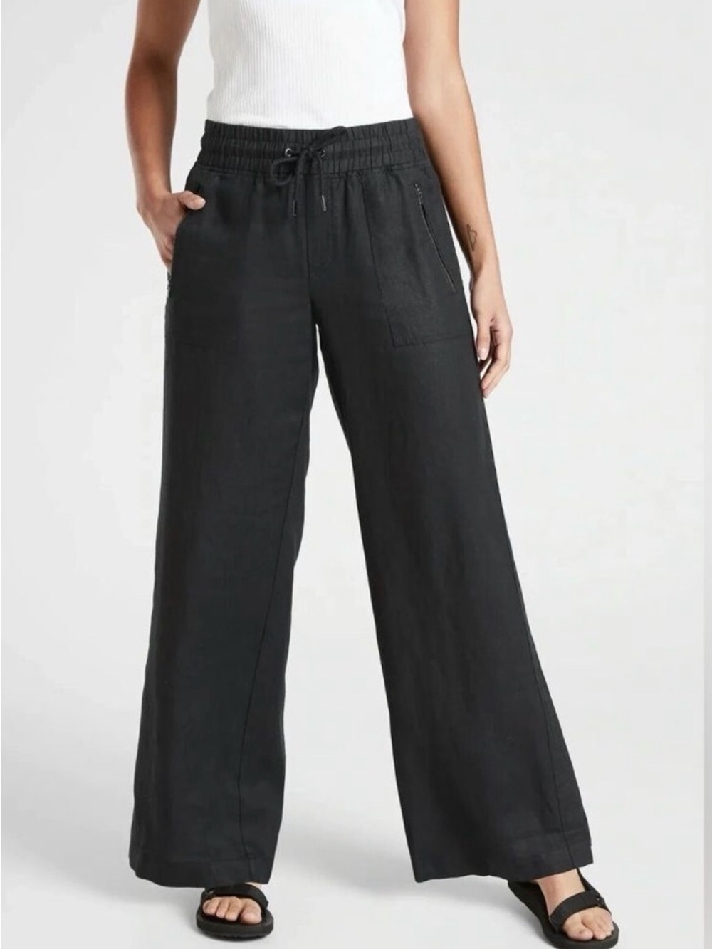 Athleta Cabo Linen Wide Leg Pant 8 Black resort coastal lagenlook natural fibers